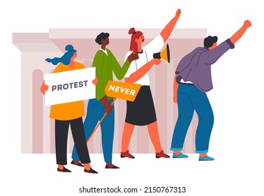 Young people with megaphone and tables gathered on protest. Male and female character shouting and screaming, man and woman gesturing. Angry teenagers activists dissatisfied. Vector in flat style