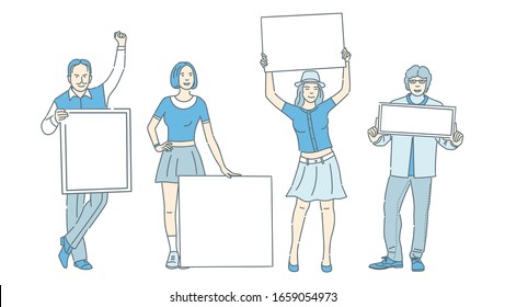 Young people, men and women in casual clothes holding placards with space for text cartoon illustration. Outline characters with banners. Activism, demonstration, advertising, voting vector concept.