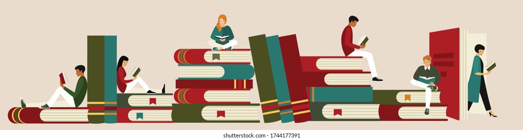 young people, men and women, read books. they sit in different positions on large stacks of books. flat drawing in cartoon style, horizontal format. stock vector illustration. EPS 10.