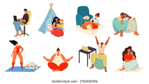 Young people, men and women work at home. People at home in quarantine. Vector flat style illustration.