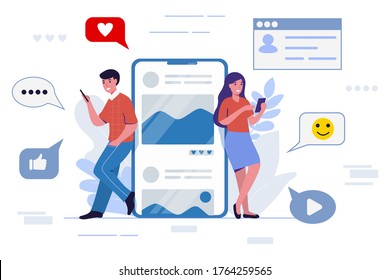 Young people messaging using a mobile phone or tablet social media network concept vector illustration