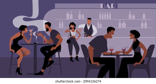 Young People Met And Chat In A Night Bar. Vector Illustration For Landing Page Mockup Or Flat Design Advertising Banner.