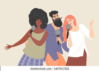 Young people with microphones singing a song at a karaoke party. Vector illustration for use in a banner or poster.