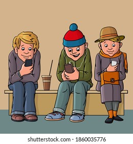 Young people and middle-aged woman isolated. Sit on the bench. Attention to each other do not pay. Listen to music, chatting on the Internet.