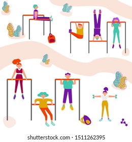 Young people in modern clothes do sports outdoors. People doing physical activity outdoors at the park, they do pull ups, squats and press. Healthy lifestyle and fitness concept