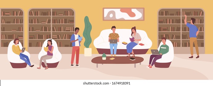 Young people at modern public library vector flat illustration. Focused man and woman reading book, use laptop, sitting on sofa studying literature. Colorful cartoon shelves with textbook