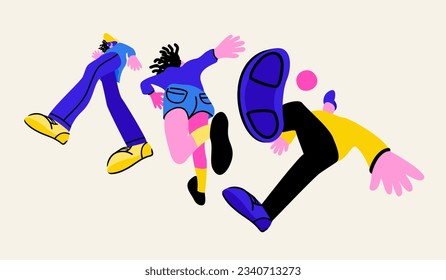 Young people in motion. Bottom view. Vector isolated illustration.