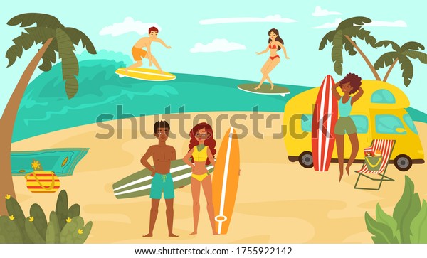 Young people multinational race, black white female\
male character training surfing ocean tropical beach cartoon vector\
illustration. Group exercise water sport, travel surf beachside sea\
wave.