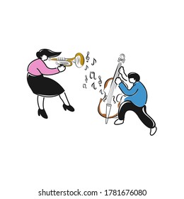Young people musician playing instrument on the dance floor. jazz night party. Flat vector illustration, horizontal.EPS 10