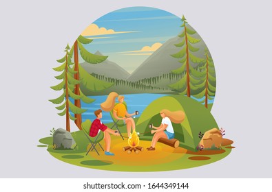 Young people near a fire in the woods on the background of a lake, camping. Flat 2D characters. Concept for web design.