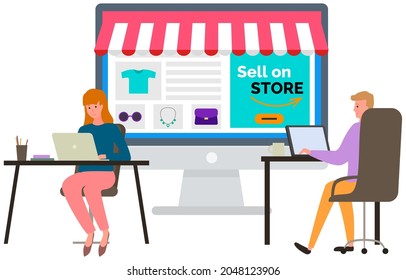 Young people at office work with trading platform, shopping in online store with application online marketting. E-commerce buyer makes purchases remotely from home using mobile app and laptop computer