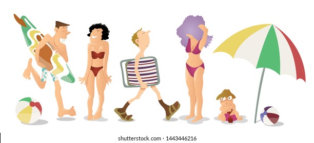 Young people on the beach, cartoon style vector illustration. Young men and women, teenagers and kids, boys and girls in beach clothes on a wonderful sunny day