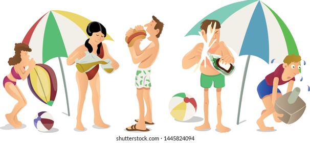 Young people on the beach, cartoon style vector illustration. Young men and women, teenagers and kids, boys and girls in beach clothes on a wonderful sunny day