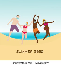 Young people on the beach in medical masks relax. Summer quarantine on the sea. Flat vector concept illustration for summer vacations 2020.