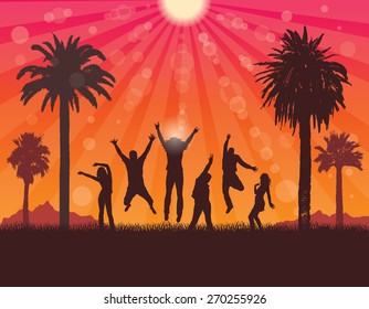 Young People  on the Holiday in Tropic . Summer Party . Vector Travel and Tourism Background.