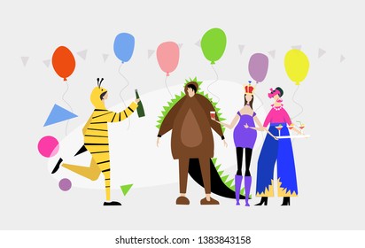 Young people on the party in funny costumes. Monster, bee, queen. Flat design human's characters in colourful clothes. 