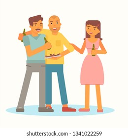 Young people on picnic flat color illustration. Two cheerful men and smiling woman cartoon characters. Friends. Family vacation vector drawing. Outdoor leisure, camping isolated design element