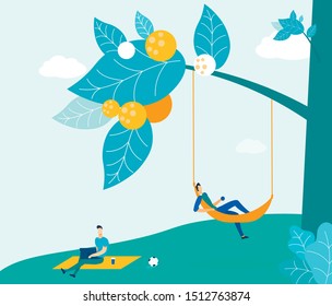 Young People on Picnic in Park Vector Illustration. Relaxed Friends Cartoon Characters. Man Lying in Hammock, Guy Sitting with Laptop. Outdoor Activity, Fresh Air Recreation. Summer Leisure