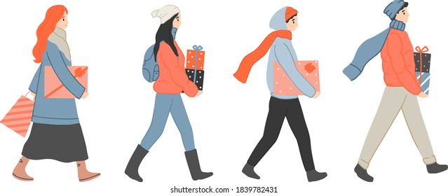 Young people on street in winter clothes hurrying for a big Christmas market sale, shopping. Women and men buying gifts for new year. Presents on holidays. flat illustration banner, greeting card. 