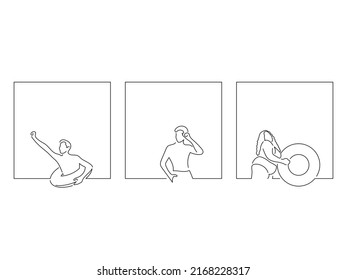 Jóvenes en vacaciones de verano en línea de arte estilo dibujo. Composición de tres personas en vacaciones. Esbozo lineal negro aislado sobre fondo blanco. Diseño de ilustración vectorial.