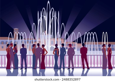 Young people on the terrace in the evening near the fountain at a festive show. Hand drawn vector illustration.