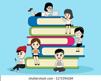 Young people on top stack books