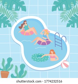 young people on vacation in the pool playing and swimming vector illustration