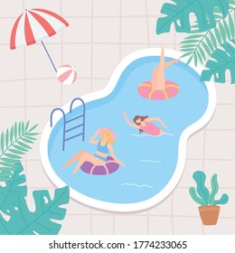 jóvenes de vacaciones en la piscina jugando y nadando ilustraciones vectoriales