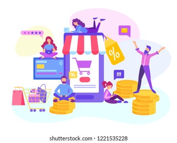 Young people order discounted products online in the online store, payment by card, sale message. Vector illustration for web design, blogging, social media.