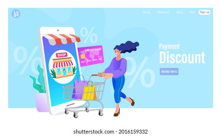 Young people order discounted products online in the online store, payment by card, they used a mobile app on a smartphone. Banner, mobile app, landing page. digital marketing concept.