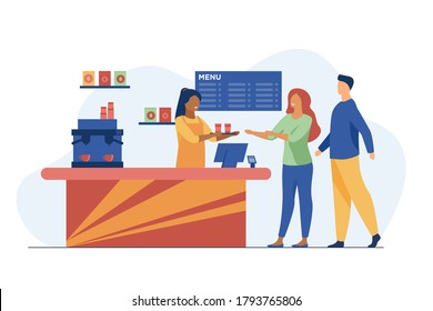 Young people ordering takeaway coffee in cafe. Barista, chat, network flat vector illustration. Hot beverages and service concept for banner, website design or landing web page