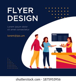 Young people ordering takeaway coffee in cafe. Barista, chat, network flat vector illustration. Hot beverages and service concept for banner, website design or landing web page