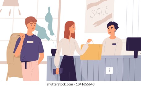 Young people in outlet shop purchasing clothes. Cashier at checkout counter and customers standing in queue. Man and woman shopping at fashion boutique, clothing store. Flat vector illustration.