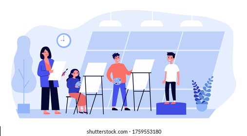 Young People Painting In Art Class. Model, Artist, Easel Flat Vector Illustration. Workshop And Fine Arts Concept For Banner, Website Design Or Landing Web Page