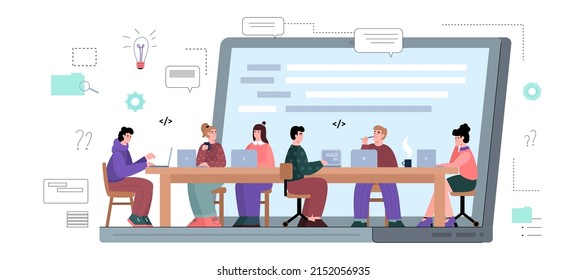 Young people participate in hackathon, vector flat illustration on white background. People work at computer in the office, freelance, Workshop on programming, marketing team solving business problems
