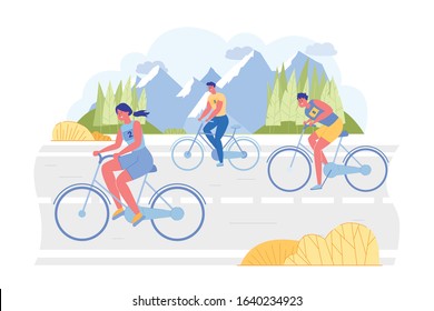 Young People Participate in Triathlon, Flat Banner. Participants Scrubbing Ride Bicycle along Road, around View Forest and High Mountains. They Drive Fast to be at Finish Line as Soon as Possible.