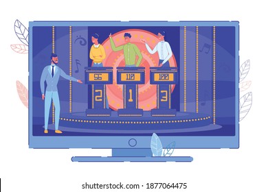 Young People Participating in Intellectual or Entertainment TV Show. Television Showmaster, Man and Woman on Stage. Participant Standing Behind Tribune. Player Answering Question. Vector Illustration
