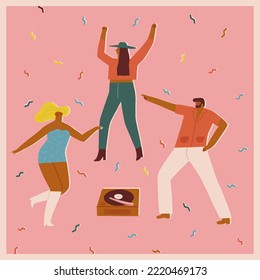 Young people are parting together, dancing under confetti listening vintage stereo. Birthday card or wall art poster.