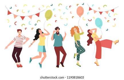 Young people at the party rejoice and dance. Happy men and women celebrate an important birthday or anniversary. Vector illustration