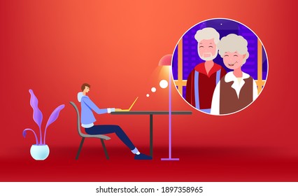 Young people pay New Year's greetings to their families through video vector illustration