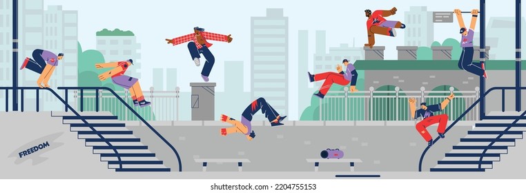 Young people performing parkour in the city, flat vector illustration. Teenage boys jumping, running, doing backflips and rolling in urban space. Modern sport with extreme movements.