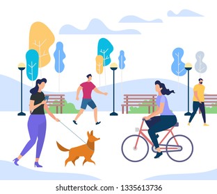 Young People Performing Summer Sports and Leisure Outdoor Activities in City Park. Girl Riding Bicycle, Woman Walking with Funny Dog, Men Passing By Trees. Colorful Cartoon Flat Vector Illustration.