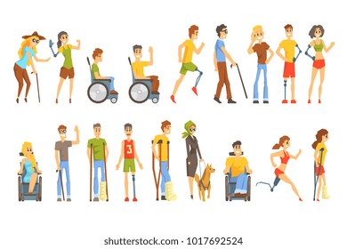 Young People With Permanent And Temporary Disabilities Overcoming The Injury Living Full Live Collection Of Vector Illustrations.