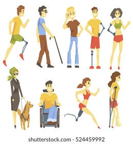 Young People With Permanent And Temporary Disabilities Overcoming The Injury Living Full Live And Doing Sports Collection Of Vector Illustrations.