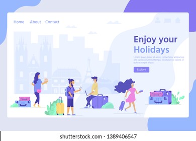 Young people with phone, bag and baggage. Travel and tourism concept for website template, online booking reservation, landing page, banner, flight tickets service. Vector illustration