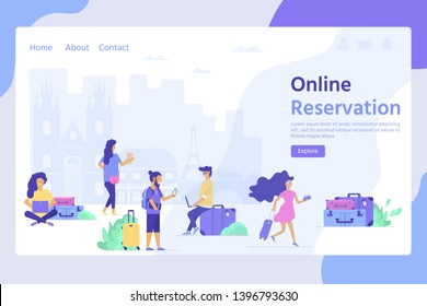 Young people with phone, map and baggage. Travel and tourism concept for website template, online booking 