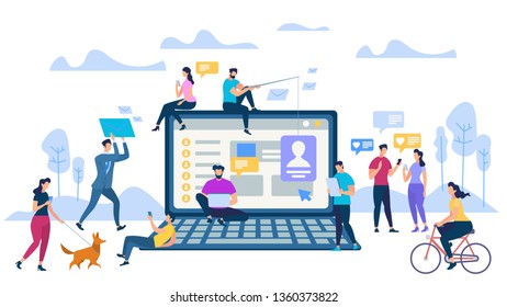 Young People with Phones at Big Laptop, Like Icons in Speech Bubbles. Social Media Community on Park Background. Smartphone Networking Communication. Internet Account. Cartoon Flat Vector Illustration