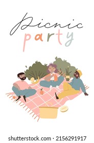 Young people at picnic. Premade picnic party invitation card. Happy men, women characters eating meal outdoors. Friends and couples having lunch and talking. Flat fun cartoon style vector illustration