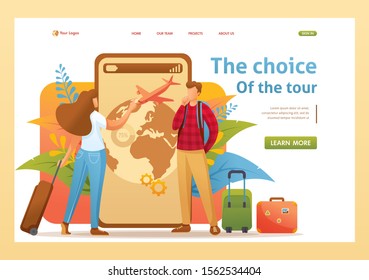 Young people plan their trip on vacation, choose the direction. Flat 2D character. Landing page concepts and web design.