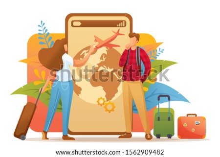 Young people plan their trip on vacation, choose the direction. Flat 2D character. Concept for web design